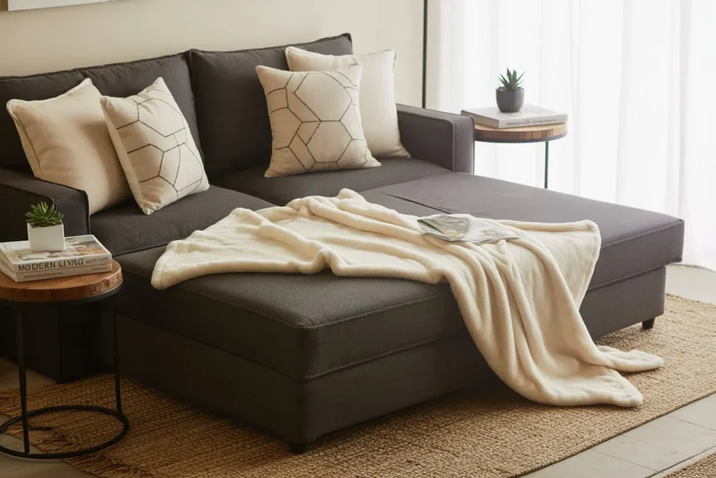 Dark grey convertible sofa bed in a small space with cozy pillows, blankets, and compact side tables.