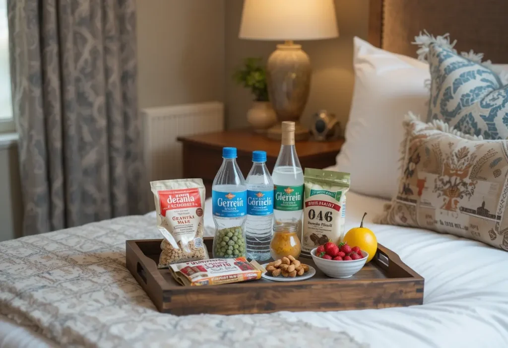 Guest bedroom with a snack tray offering water, fruit, and treats for a warm, welcoming touch.