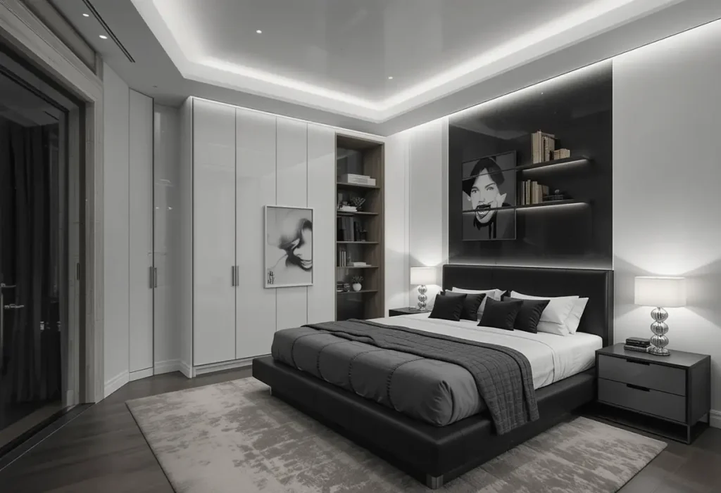 A trendy room with clean black-and-white tones, bold shapes, and modern art.
