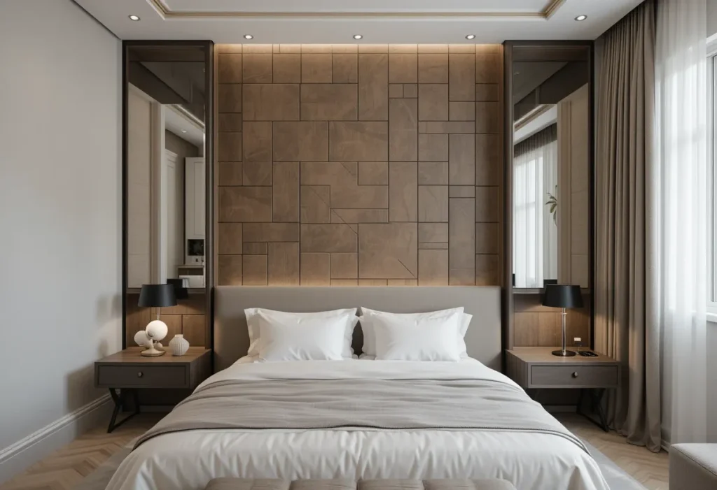 Accent wall with brown grid-style wallpaper behind a bed, styled with simple modern decor.