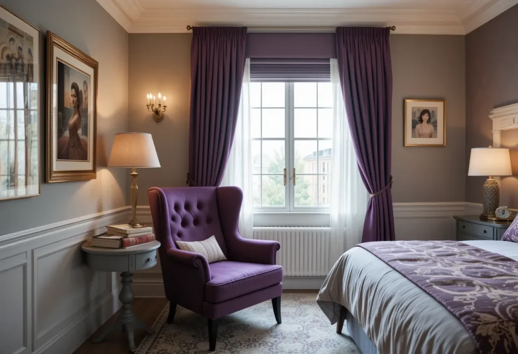 Reading corner with a purple tufted chair and grey side table near a window.