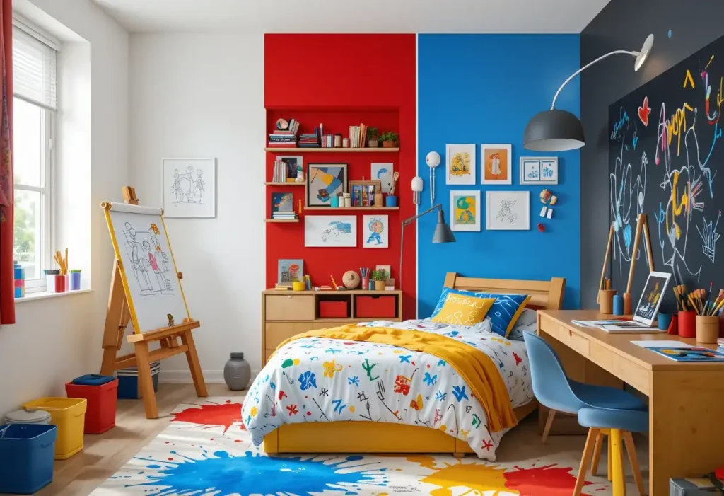 "Wild West cowboy-themed boys’ bedroom with wagon bed, desert mural, rustic wood decor, and cowboy accessories."