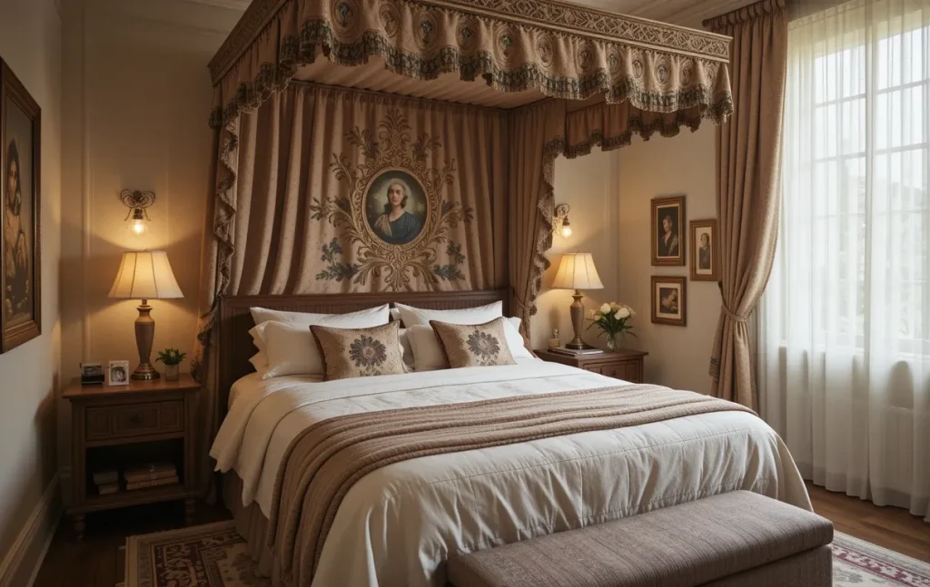 Single-bed bedroom with a large tapestry hanging behind the headboard and cozy, layered bedding.