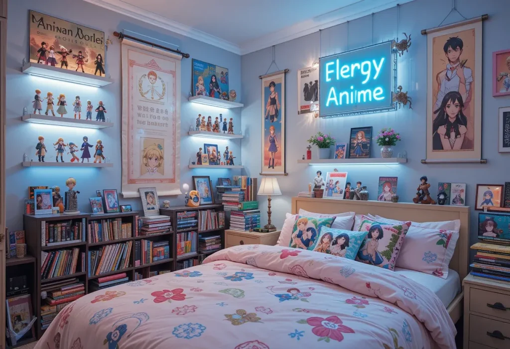 An anime-themed room with posters, figurine shelves, pastel bedding, and manga stacks.