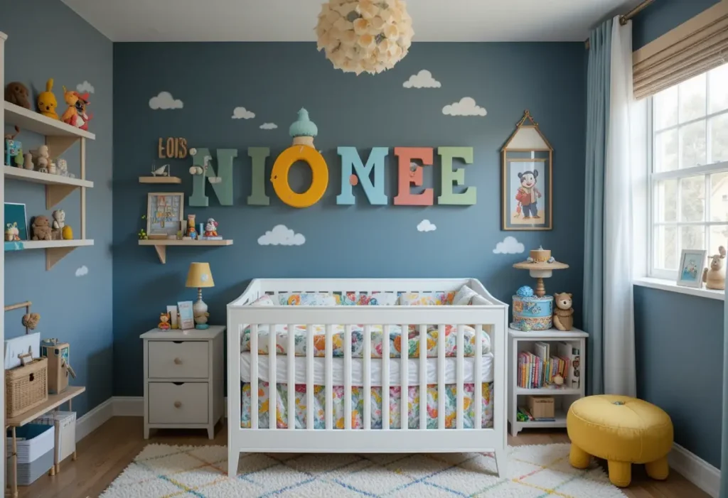 "Toddler room featuring a large custom name on the wall with surrounding decor tailored to the child's style."