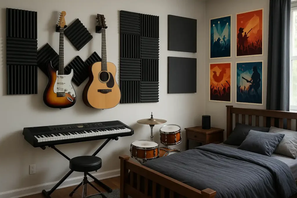 A music-themed room with guitars, wall-mounted instruments, and posters of bands.