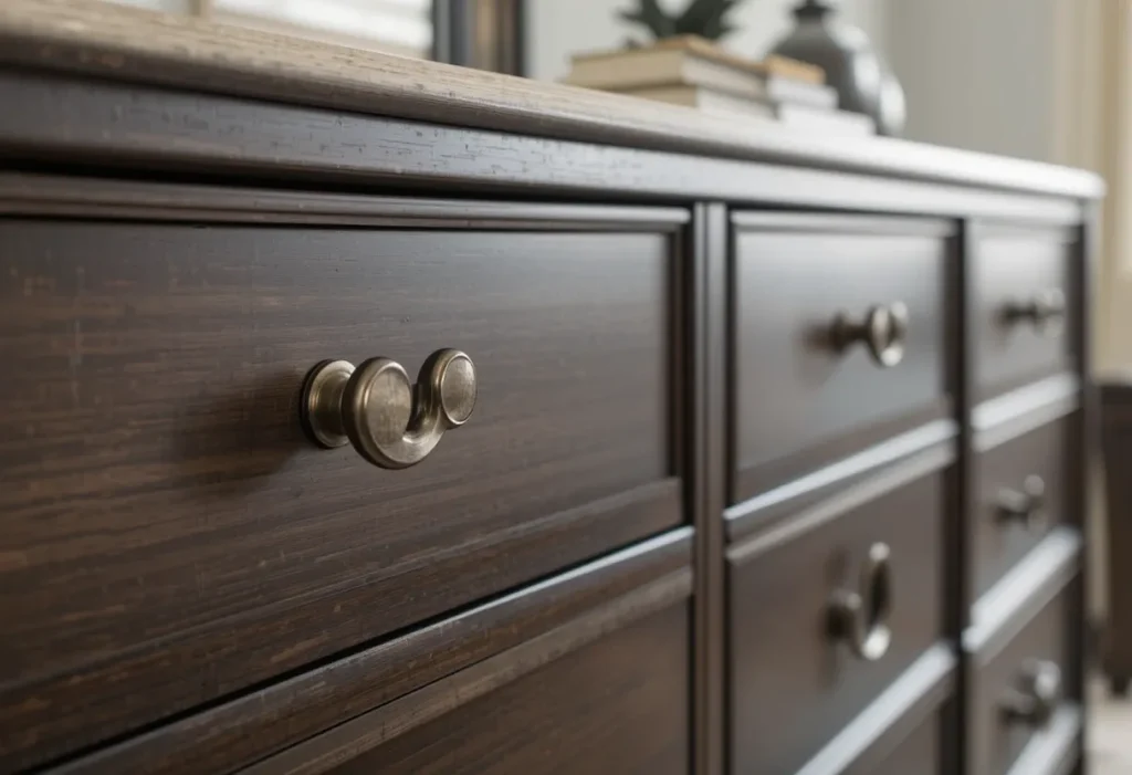 Close-up of bronze hardware on a dark wood dresser, adding elegance to the bedroom space.