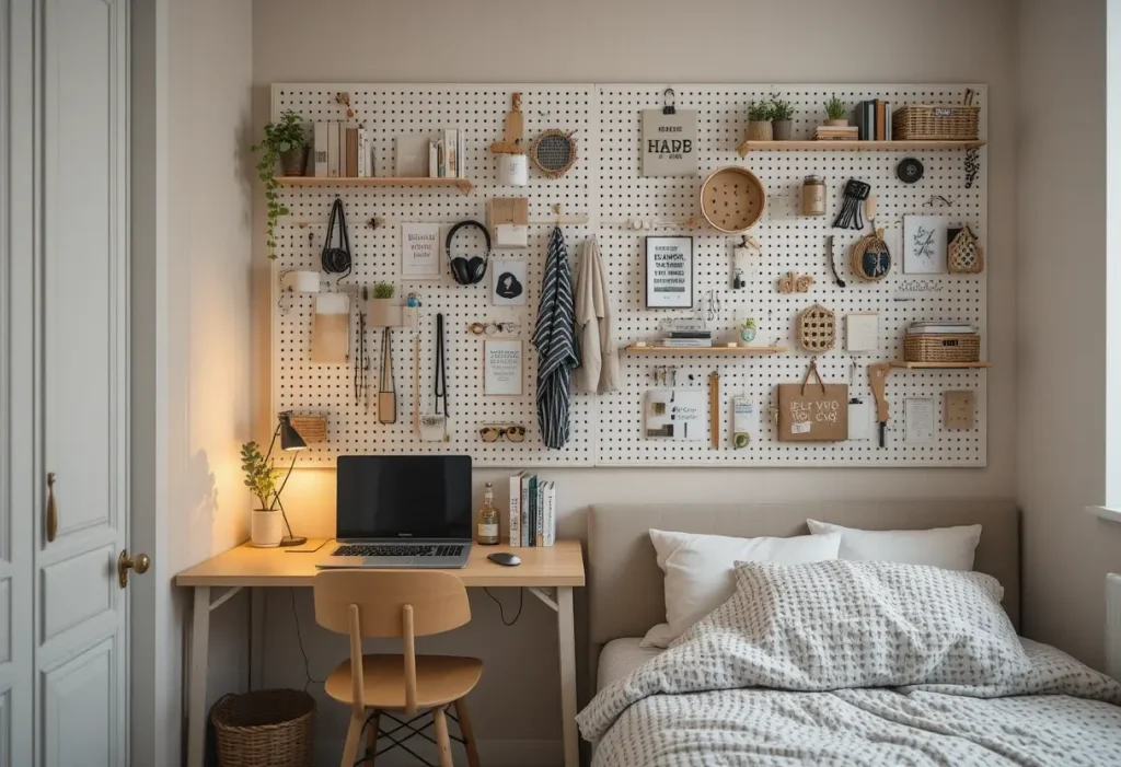 Small bedroom with wall-mounted foldable chairs that store vertically to save space and provide flexible seating.