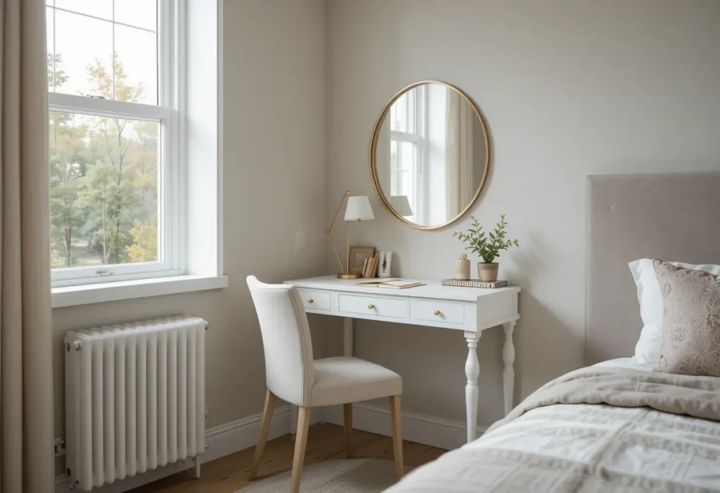 Small guest bedroom vanity or desk setup with mirror, chair, and soft lighting for a functional and stylish corner.