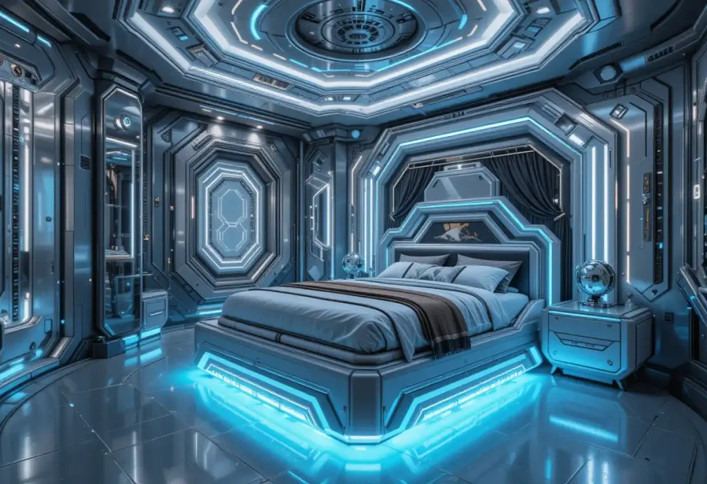 A futuristic room with silver tones, ambient LED lighting, and techy furniture.