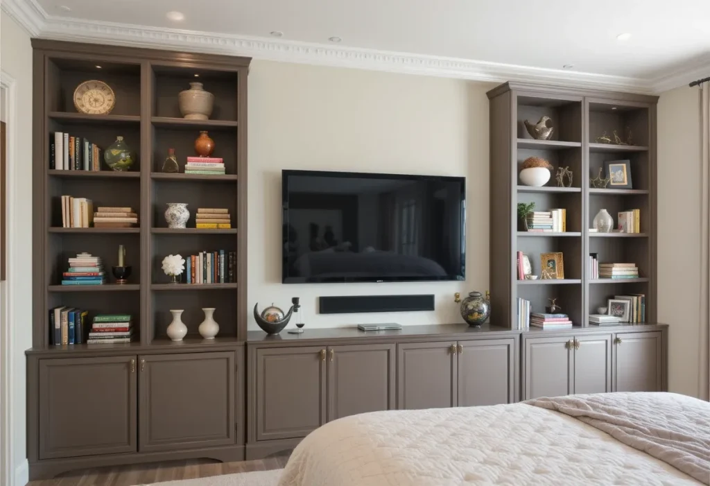 TV mounted between two tall bookshelves in a cozy, traditional brown bedroom.