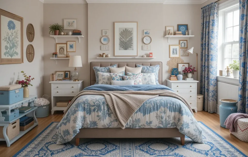 Stylish single-bedroom design with bedding, artwork, and accessories all matching a unified color palette.