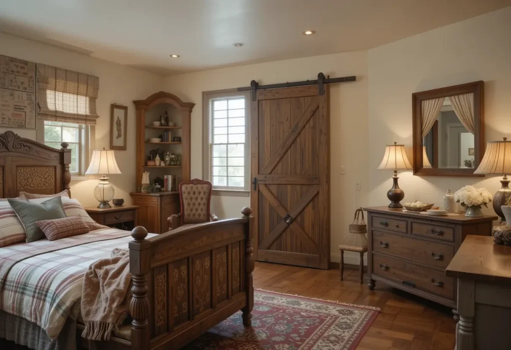 A rustic farmhouse bedroom with plaid bedding, wooden furniture, mason jar lamps, and neutral decor.