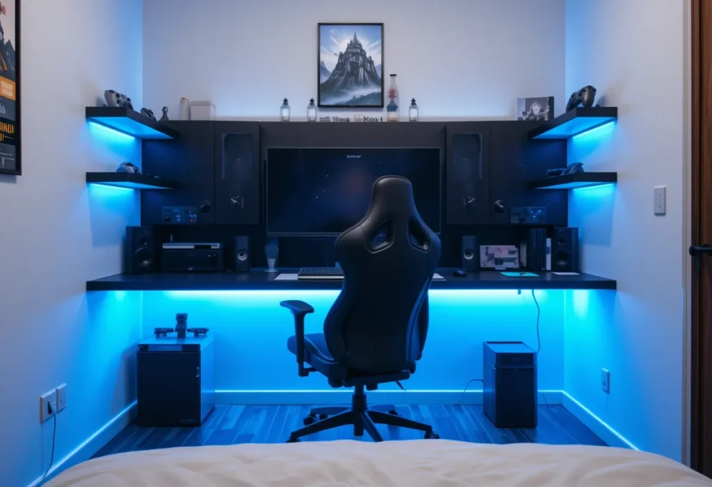 Sleek wall-mounted floating desk with a minimalist gaming setup, saving floor space in a compact bedroom.