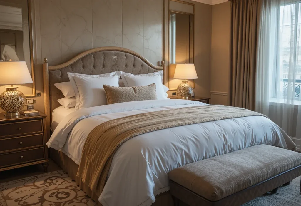 Guest room styled like a luxury hotel with plush bedding, matching lamps, and layered textures.