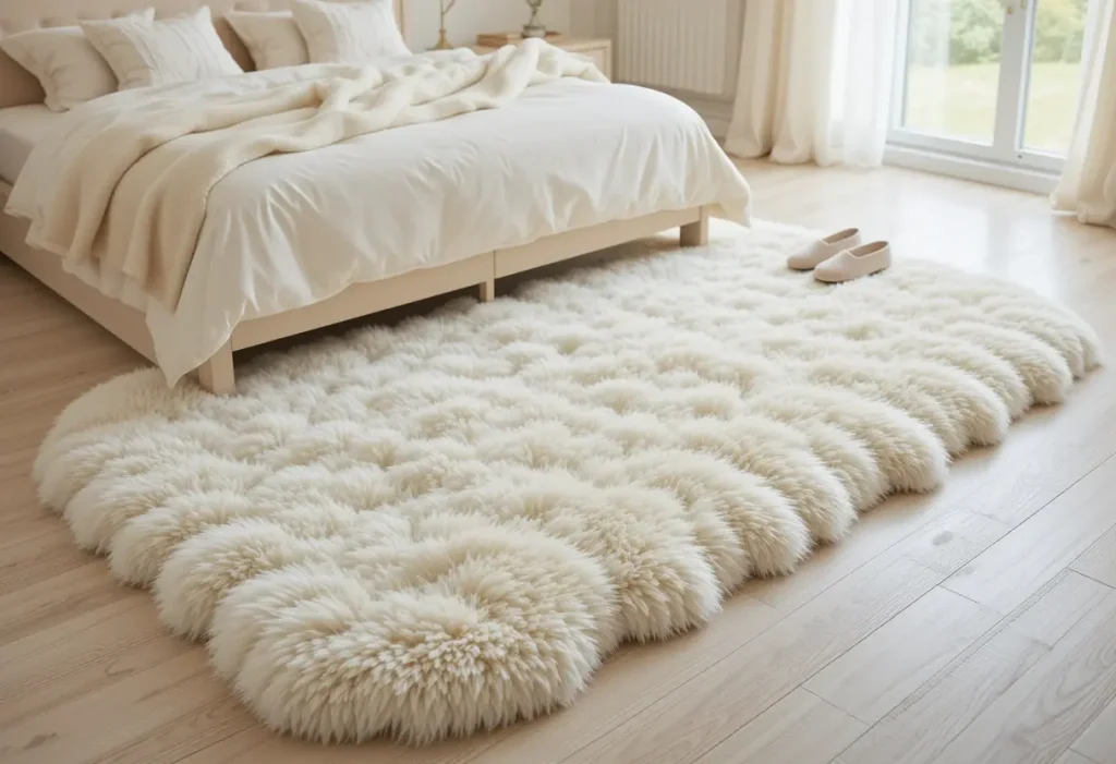 "Bedroom with an ultra-soft fluffy rug beside the bed, creating a cloud-like, luxurious, and cozy feel."