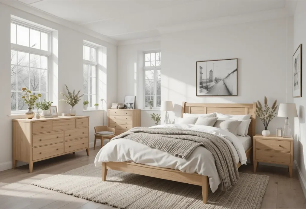 "Scandinavian bedroom with white walls, natural wood accents, and soft cozy textures"