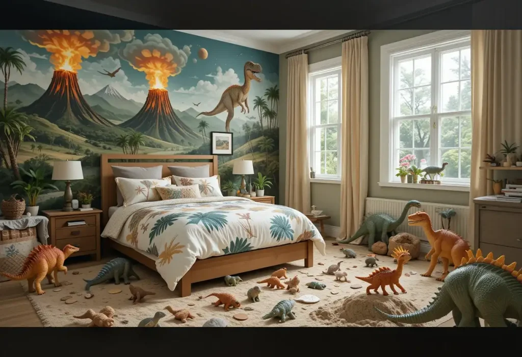 "Toddler room with dinosaur wall murals, volcano art, toy dinos, and fossil-themed bedding, evoking a prehistoric explorer vibe."