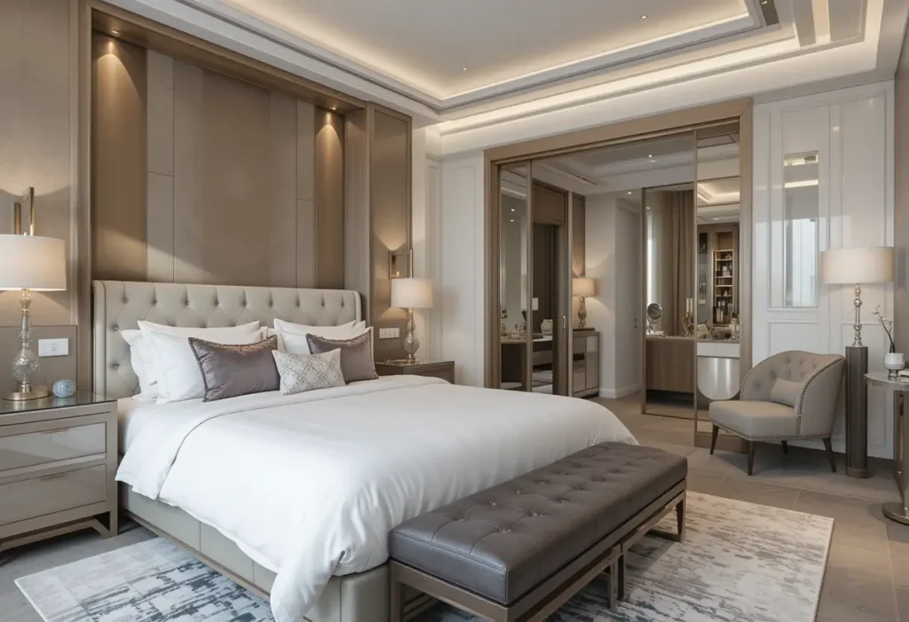 "Luxurious modern guest suite with metallic accents, plush bedding, elegant lighting, and high-end finishes."