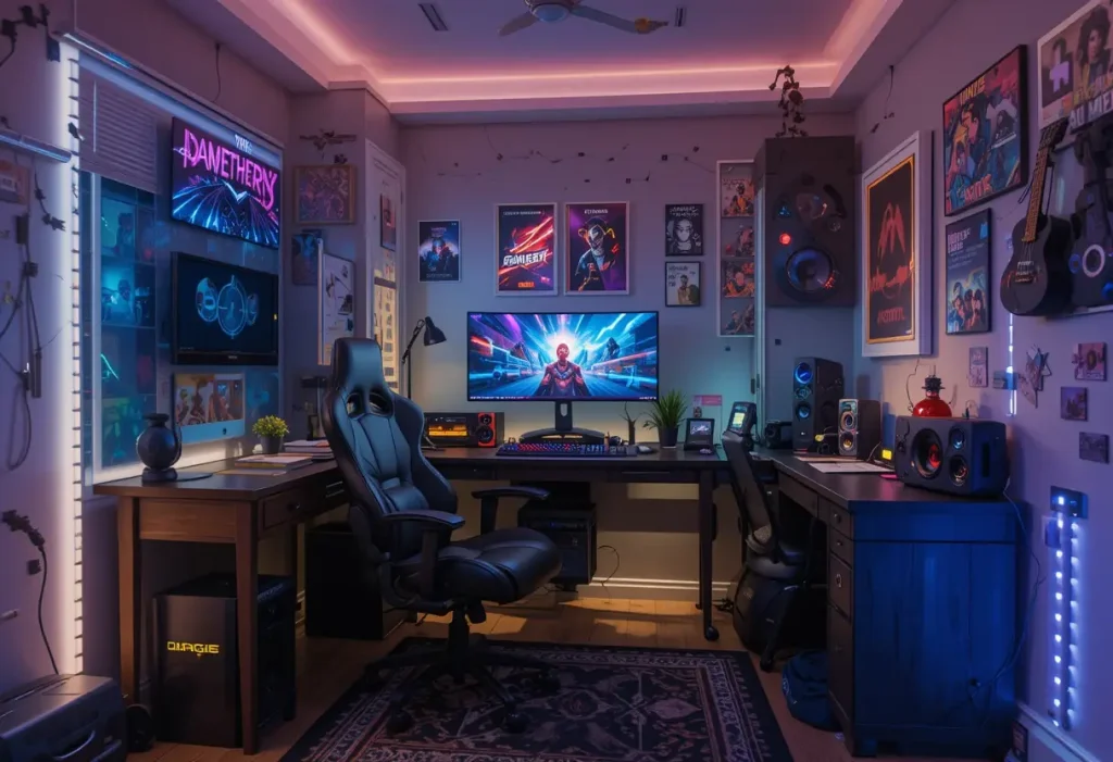 A modern gamer’s room with a lit-up desk setup, gaming chair, and cool wall art.
