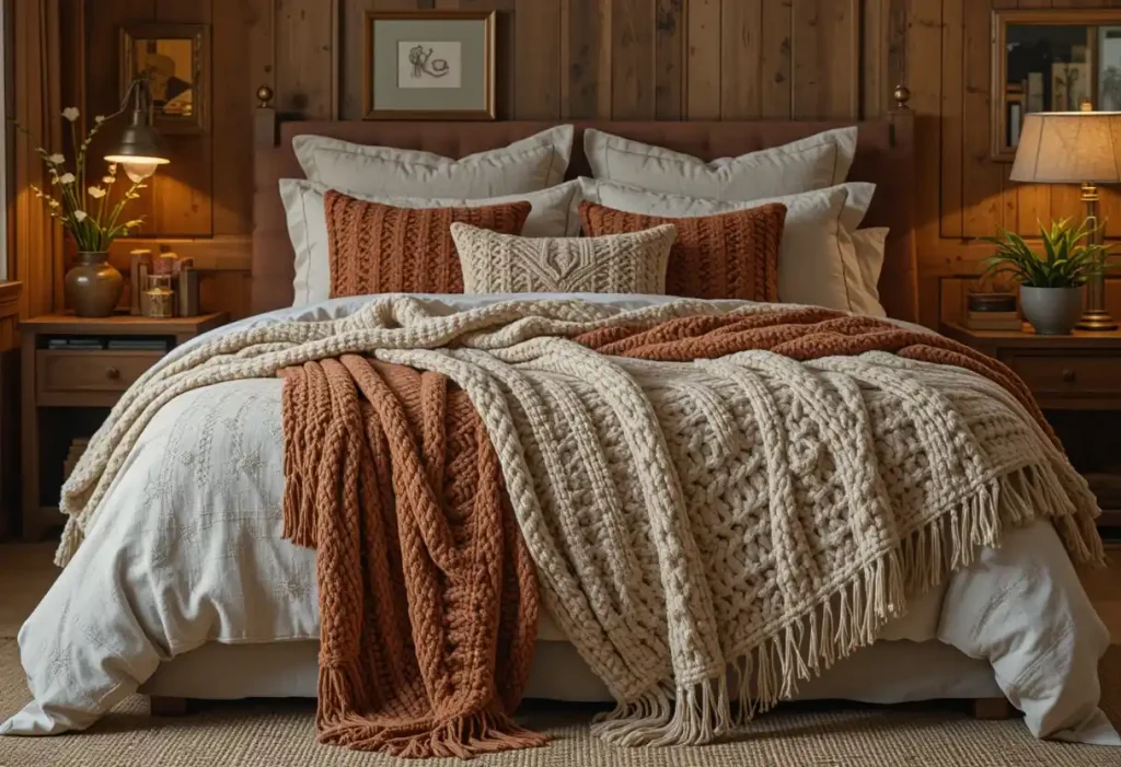 Bed with chunky knit throws and linen pillows in a soft, rustic-themed bedroom.