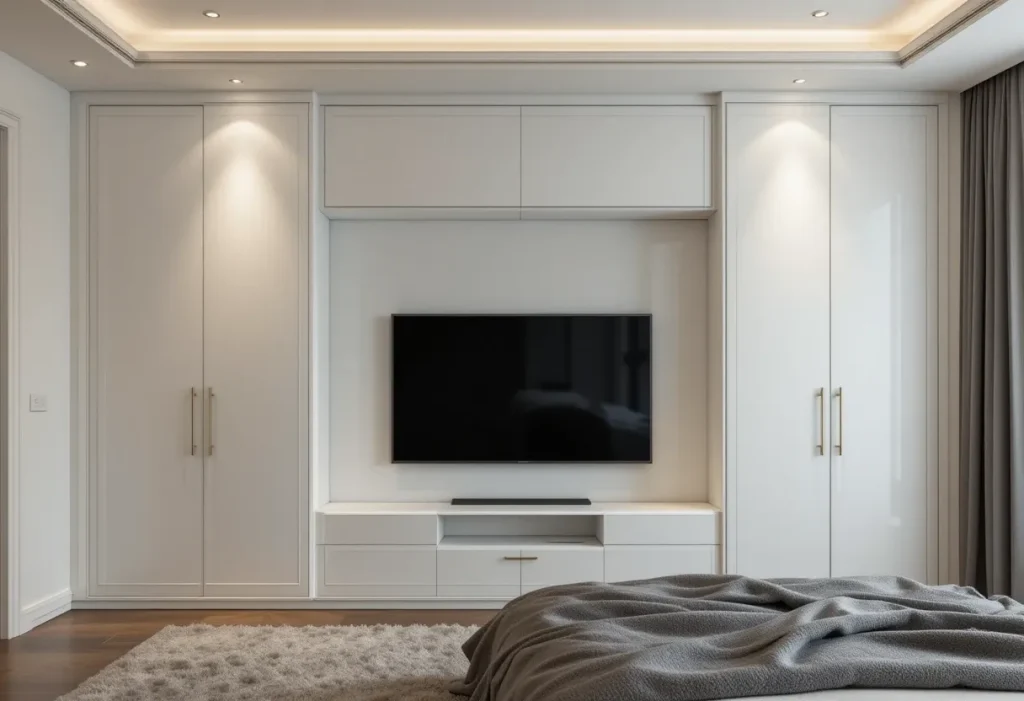 Custom built-in cabinet in a brown bedroom hiding a flat-screen TV behind panel doors.
