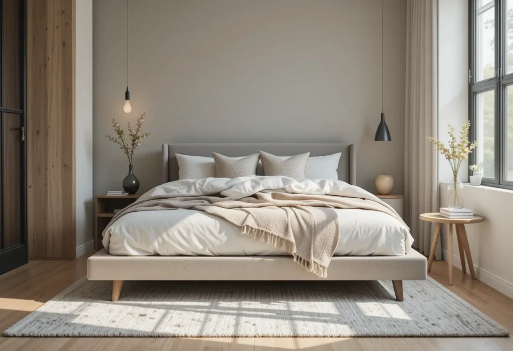 "Small bedroom with a low bed frame and neutral bedding, making the space feel larger and more open.