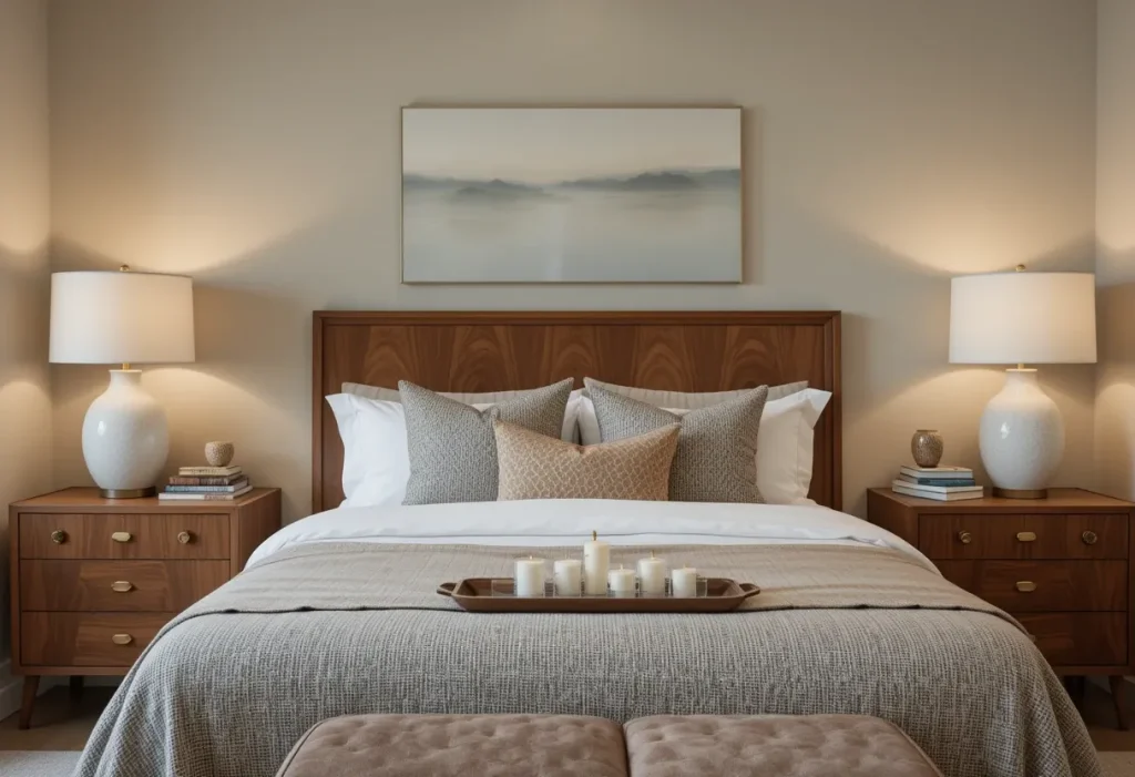 Matching walnut nightstands with brass hardware beside a bed, each styled with a lamp and stacked books.