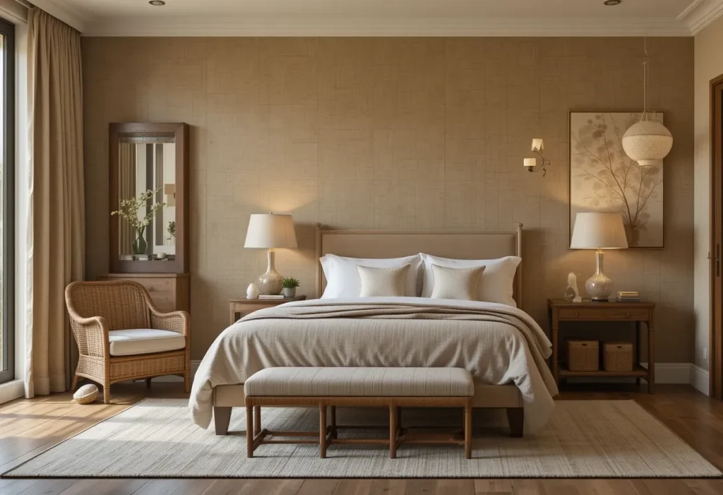 Calm bedroom with natural grasscloth wallpaper, neutral tones, rattan furniture, and spa-like lighting.