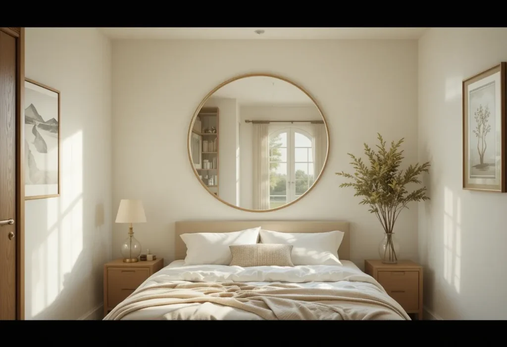 Large round mirror reflecting window light in a minimalist small bedroom.