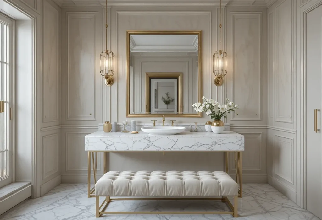 Elegant bedroom with a white marble vanity top, gold fixtures, warm lighting, and refined minimalist decor.