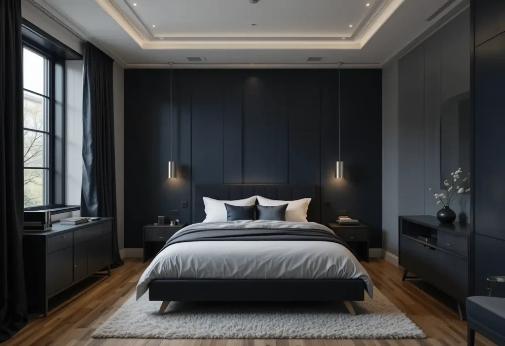 “Murphy bed folded into a wall unit in a small, modern men’s bedroom.”