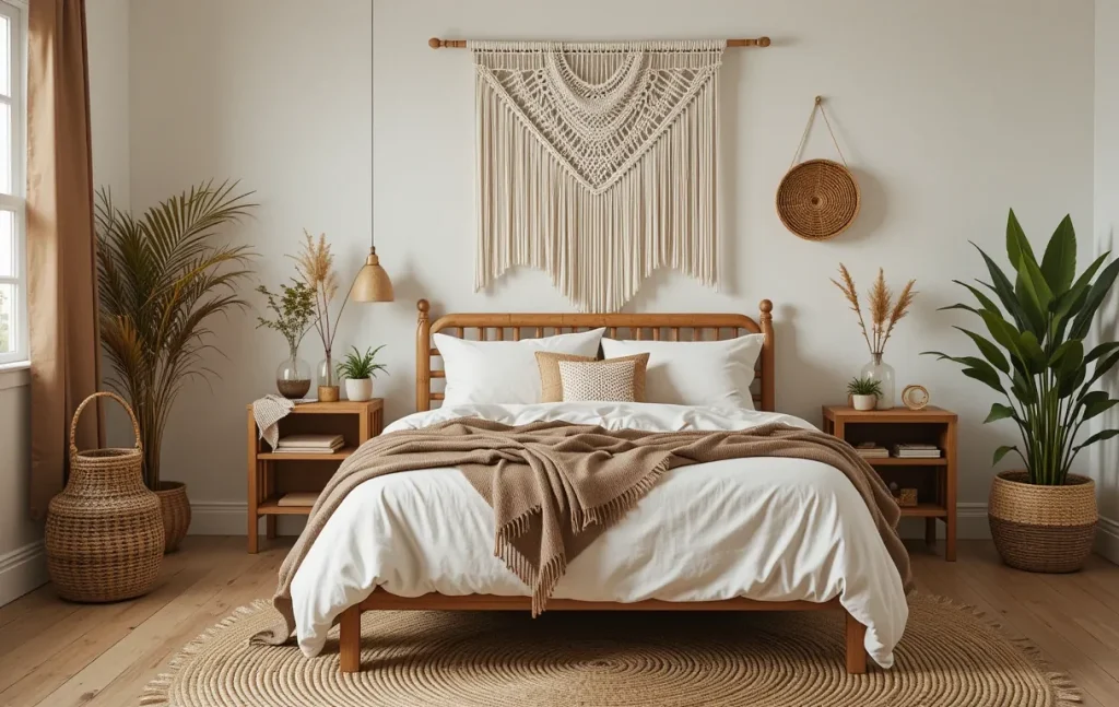 Boho-style single-bed bedroom featuring woven textures, macramé wall art, a jute rug, and earth-toned linens.