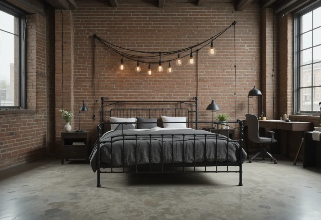 An urban bedroom with exposed brick walls, dark wood furniture, metal bed frame, and Edison bulb lighting.