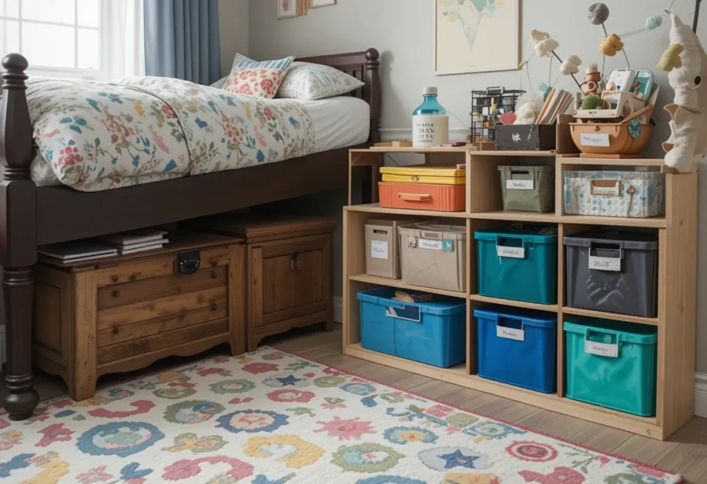 Compact kids’ bedroom with under-bed storage bins, toy chest, and labeled bins on open shelving.