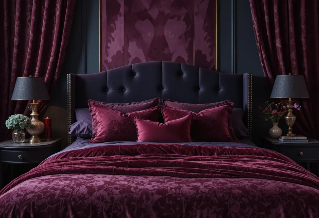 Romantic bedroom with velvet bedding, velvet curtains, and a tufted velvet headboard in rich, dark colors.