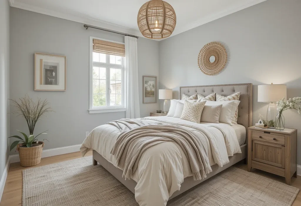 Bright guest room with neutral colors and white bedding reflecting natural light.
