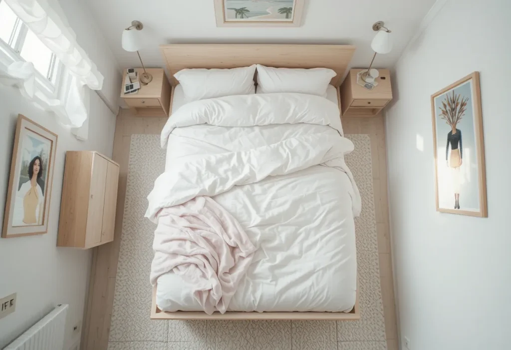 Bright small bedroom with soft neutral colors and airy decor.