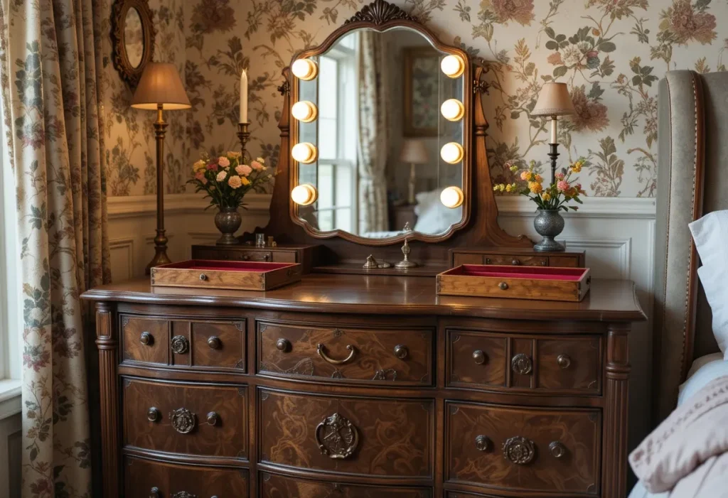 Classic dresser used as a vanity with brass knobs, deep drawers, and an elegant tabletop mirror.