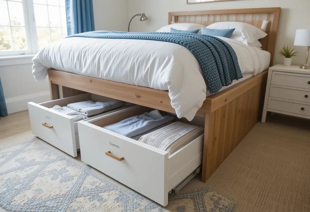 Neatly organized drawers under a bed used for storing clothes and linens in a compact bedroom.