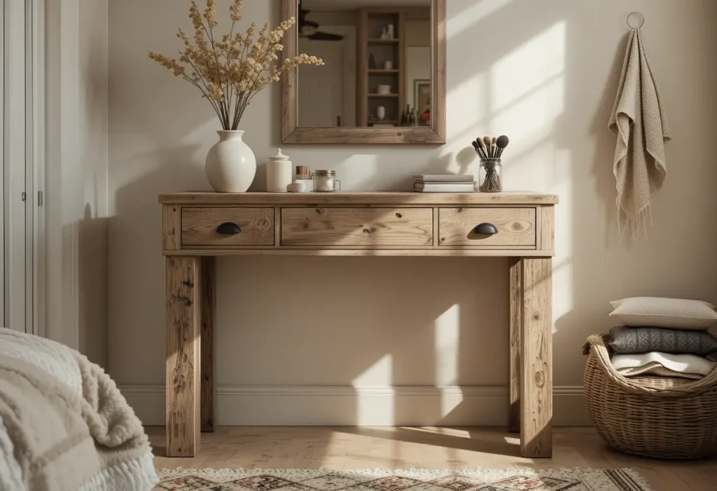 Hollywood-style vanity mirror with globe lights, glossy table, and velvet stool in a glam bedroom setting.