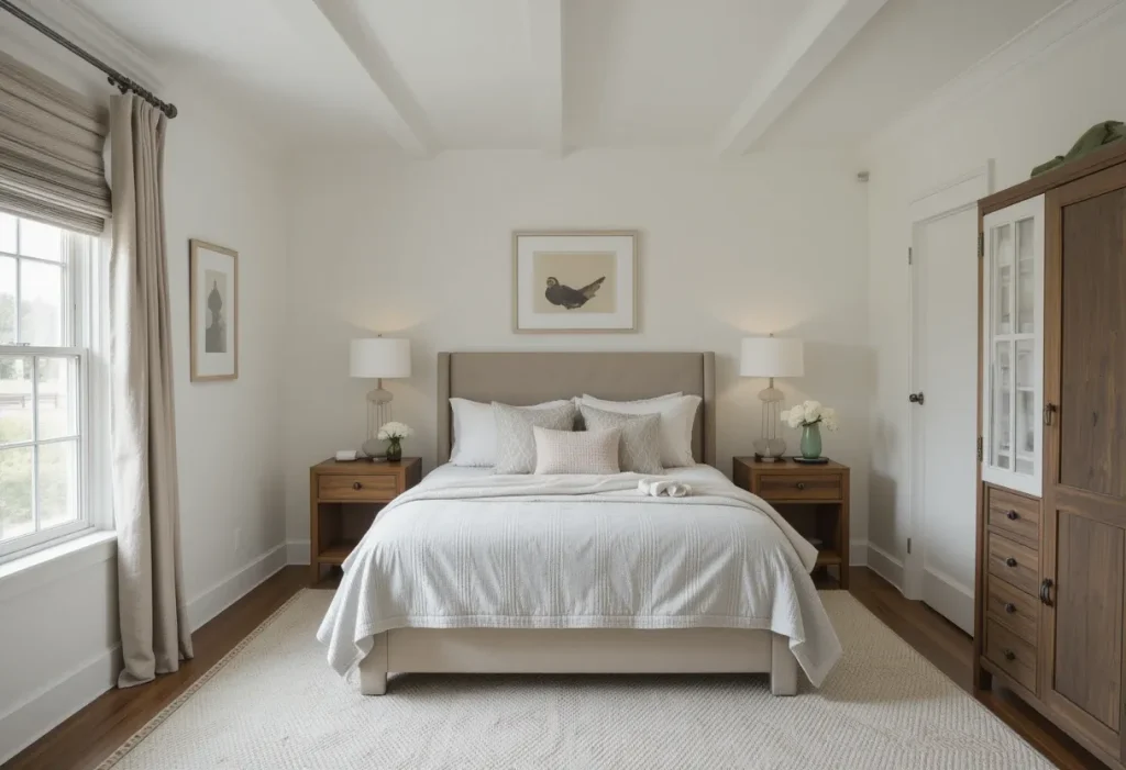 Bright guest room with white and beige walls, soft gray bedding, and natural textures.