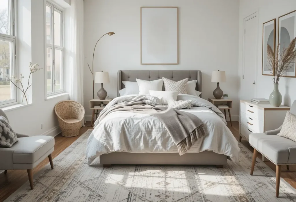 Small bedroom with matching bedding and rug set, creating a cohesive and calming design for a couple’s cozy retreat.