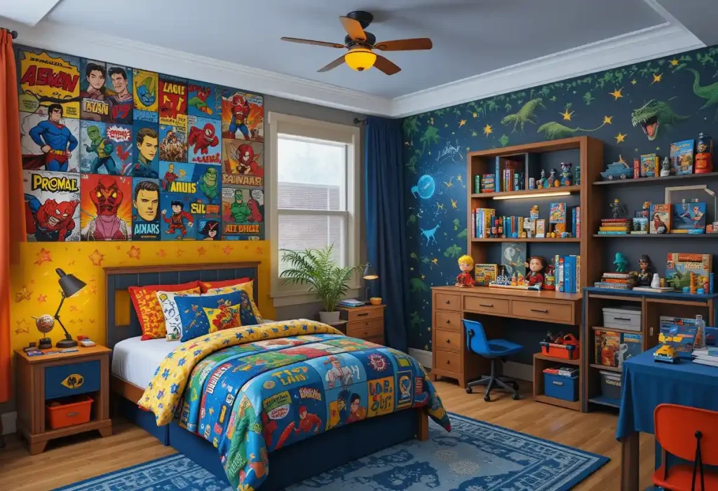 "Mixed-theme boys’ bedroom combining superheroes, space, and dinosaurs with playful decor and bold, creative elements."