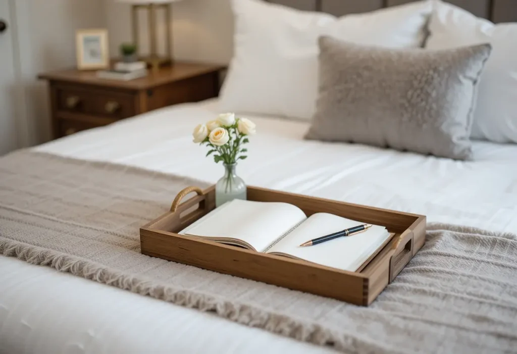 Open guestbook with pen on bed tray in a cozy guest room, inviting guests to leave a note.
