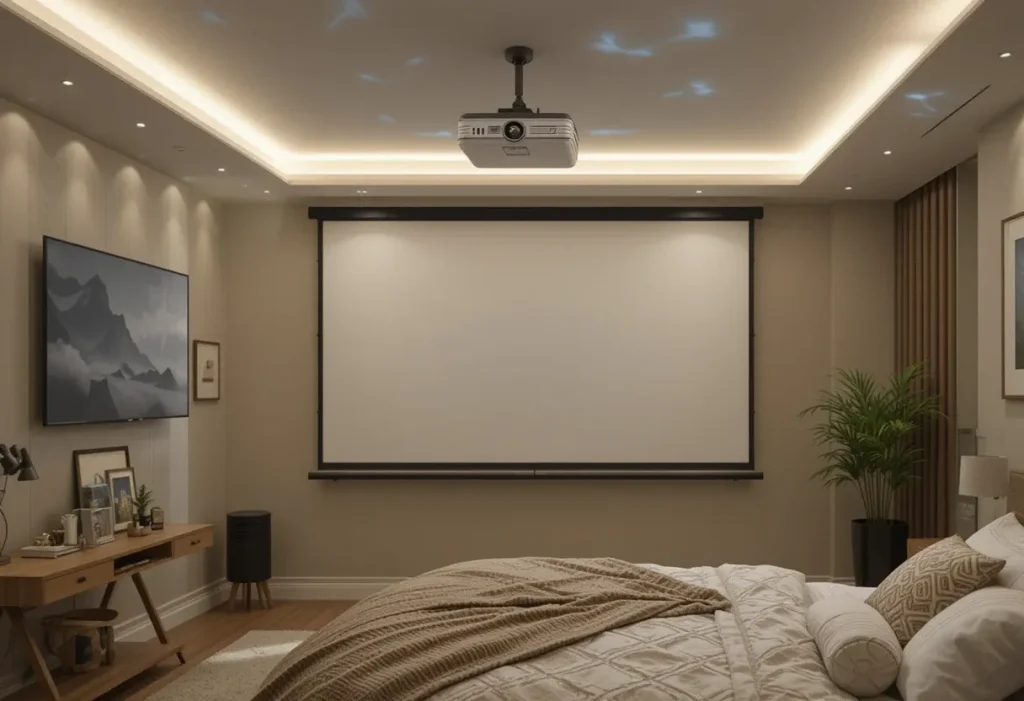 Retractable projector screen descending in front of a warm brown bedroom wall.