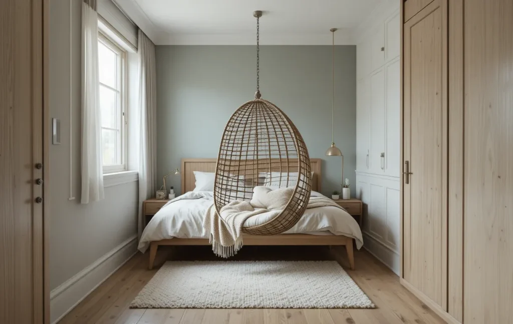Small bedroom with a suspended hanging chair next to a single bed and boho accents throughout.