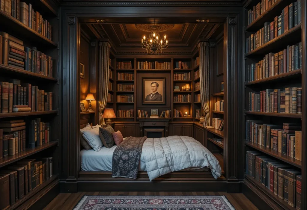 A hidden bedroom behind a bookshelf, with moody lighting, soft bedding, dark walls, and vintage decor.
