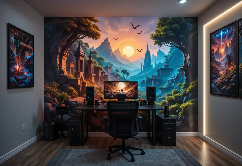 Bold video game mural on one wall featuring pixel art or iconic game scenery, adding character to a gaming room.