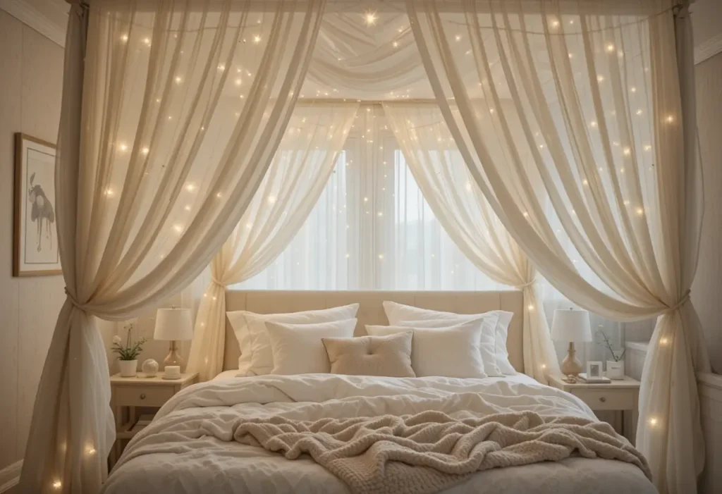 "Cozy canopy bed with soft draped curtains creating a dreamy, private, and warm bedroom sanctuary."